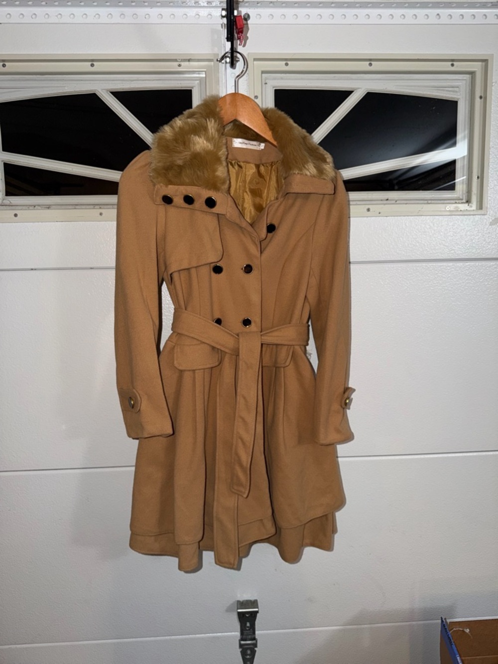 Camel Faux Fur turnover Collar Trench Coat
